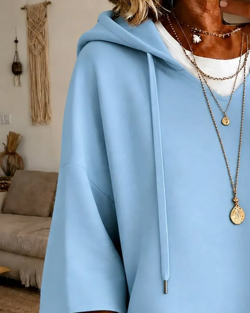 Sweatshirt À Cordons De Serrage Et Manches Trois Quarts Avec Capuche