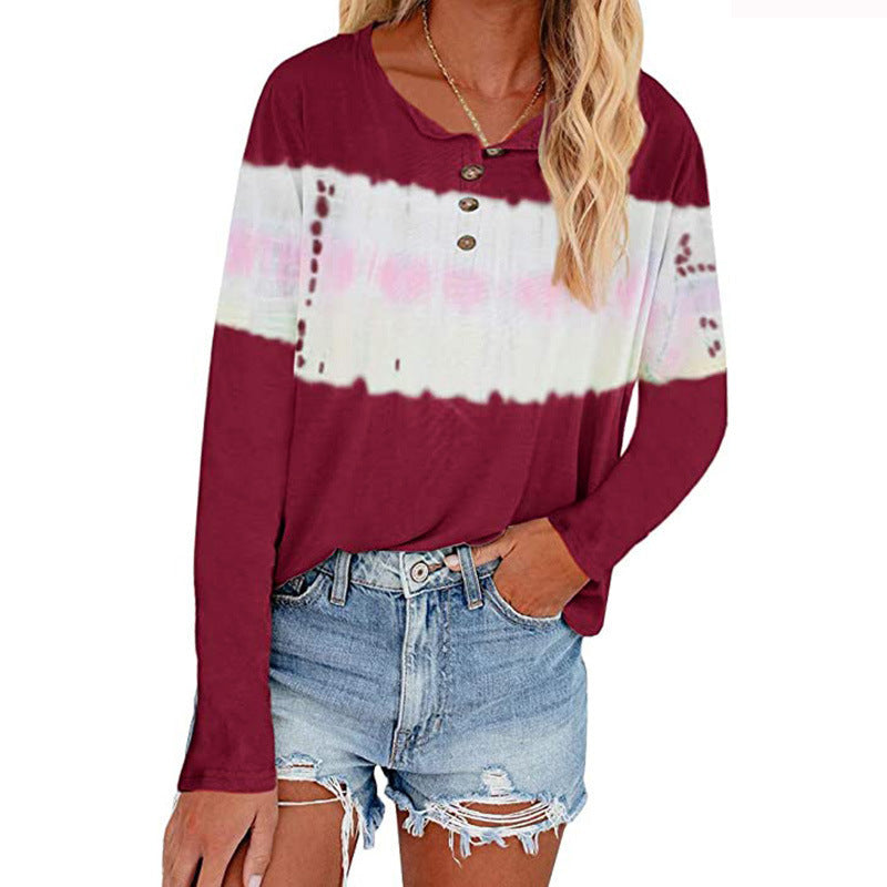 T-shirt Henley à manches longues décontracté pour femmes avec panneau batik horizontal Echoarchiv