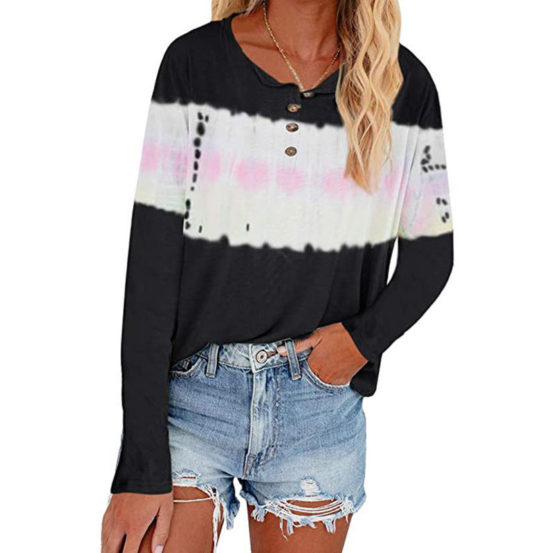 T-shirt Henley à manches longues décontracté pour femmes avec panneau batik horizontal Echoarchiv