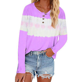 T-shirt Henley à manches longues décontracté pour femmes avec panneau batik horizontal Echoarchiv