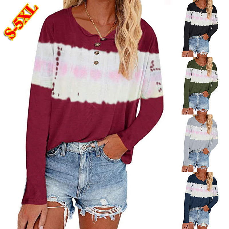 T-shirt Henley à manches longues décontracté pour femmes avec panneau batik horizontal Echoarchiv