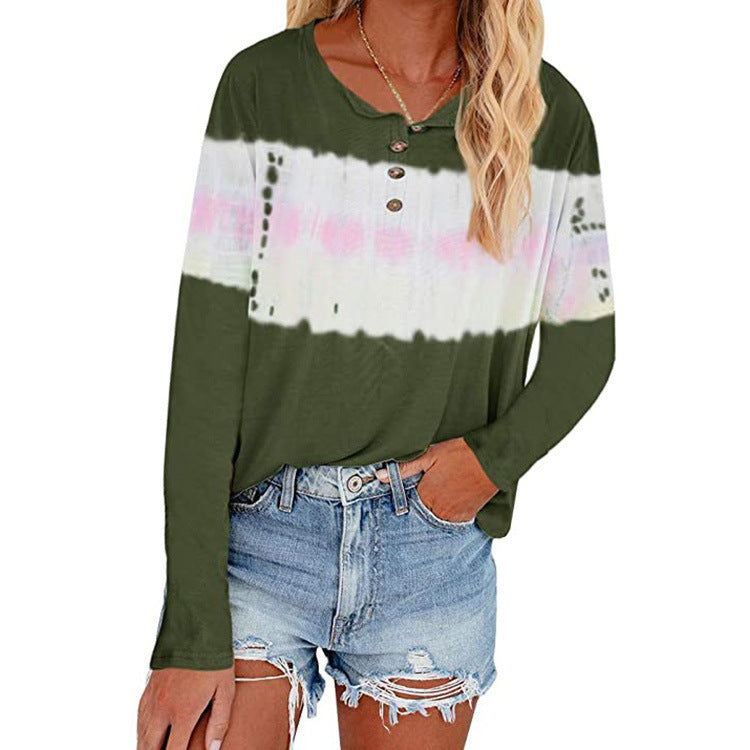 T-shirt Henley à manches longues décontracté pour femmes avec panneau batik horizontal Echoarchiv