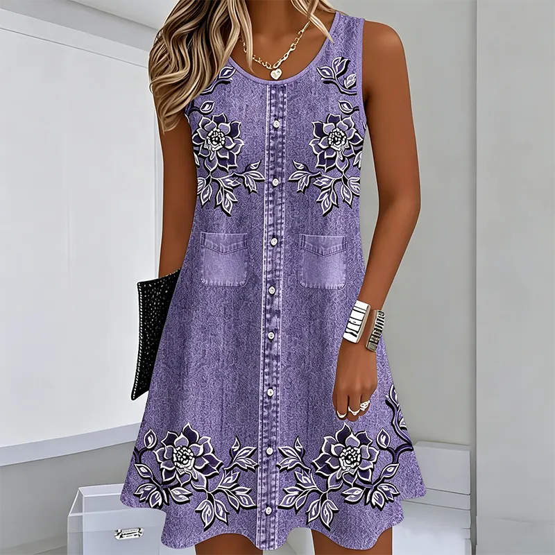 Robe femme sans manches florale avec boutons devant