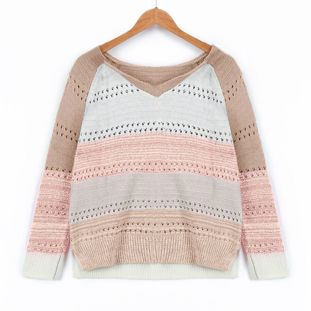 Pull en tricot pour femmes avec décolleté en V, coupe oversize décontractée et motif ajouré Echo Archive