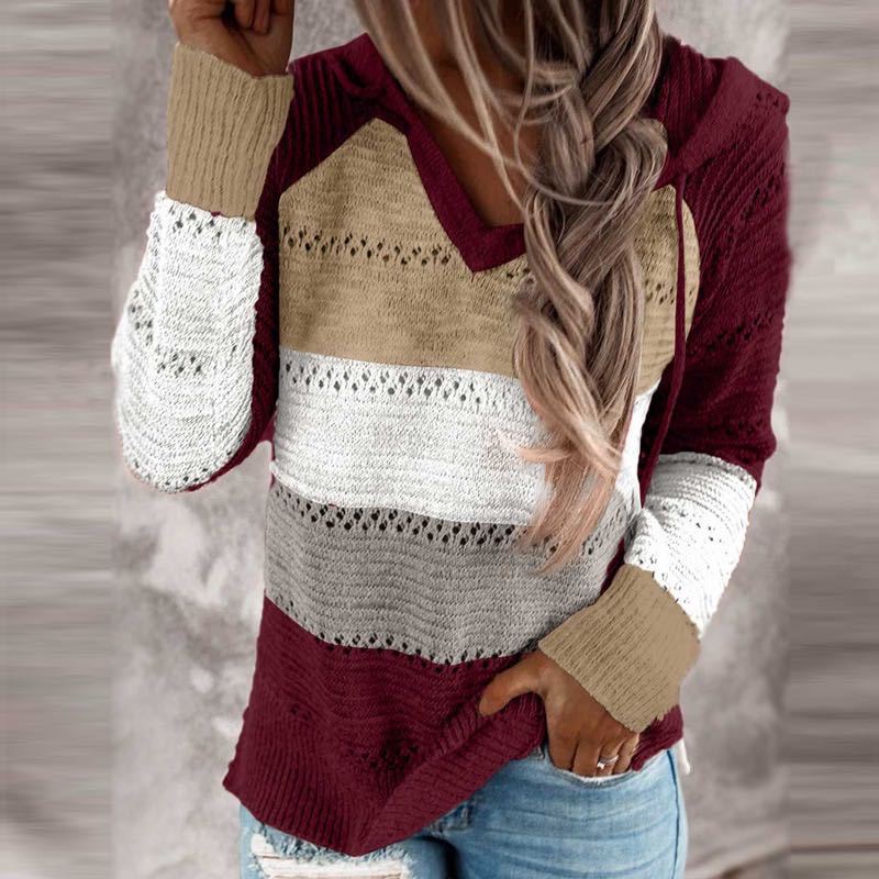 Pull à capuche en tricot décontracté pour femmes avec motif ajouré et poche kangourou Echo Archive