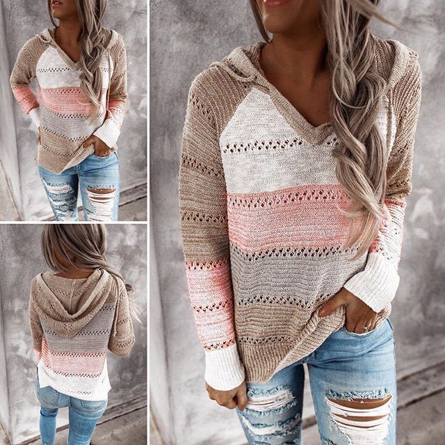 Pull à capuche en tricot décontracté pour femmes avec motif ajouré et poche kangourou Echo Archive