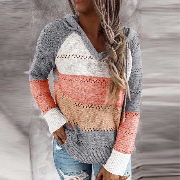 Pull à capuche en tricot décontracté pour femmes avec motif ajouré et poche kangourou Echo Archive