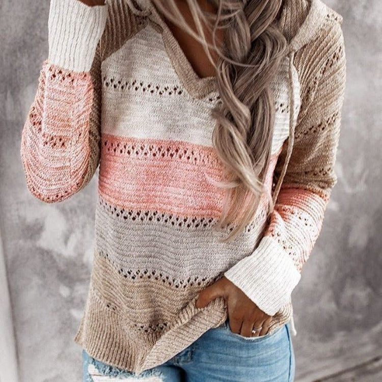Pull à capuche en tricot décontracté pour femmes avec motif ajouré et poche kangourou Echo Archive