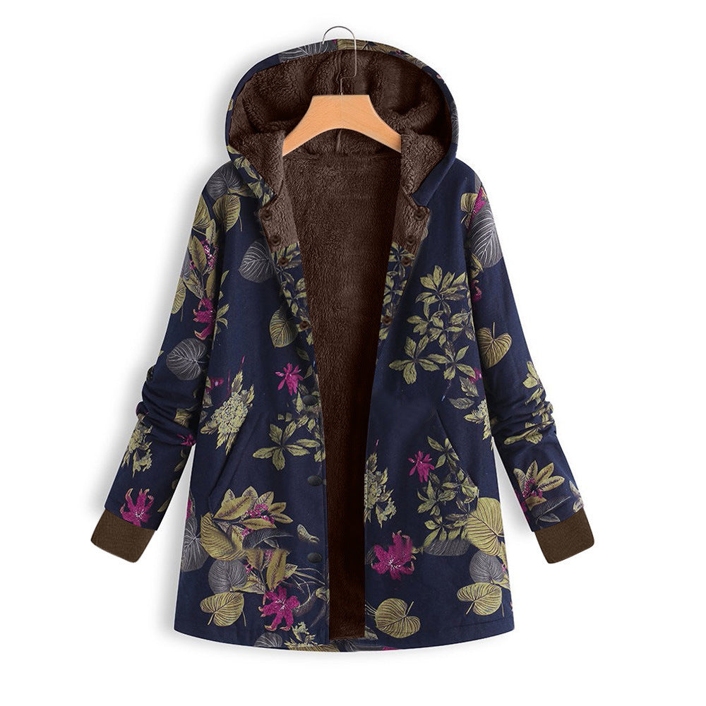Veste à capuche pour femmes avec doublure en fausse fourrure, imprimé floral et poches Echo Archive
