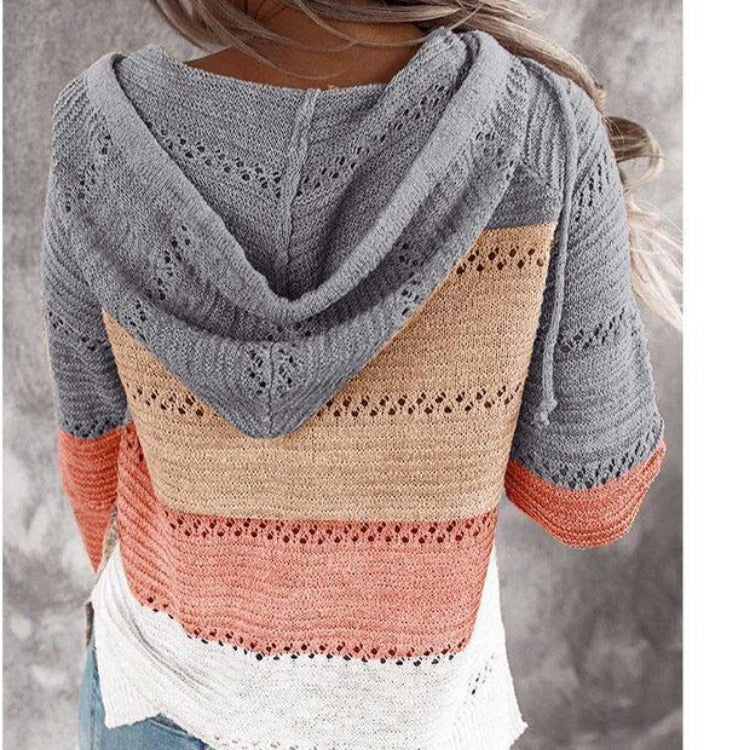 Pull à capuche en tricot décontracté pour femmes avec motif ajouré et poche kangourou Echo Archive