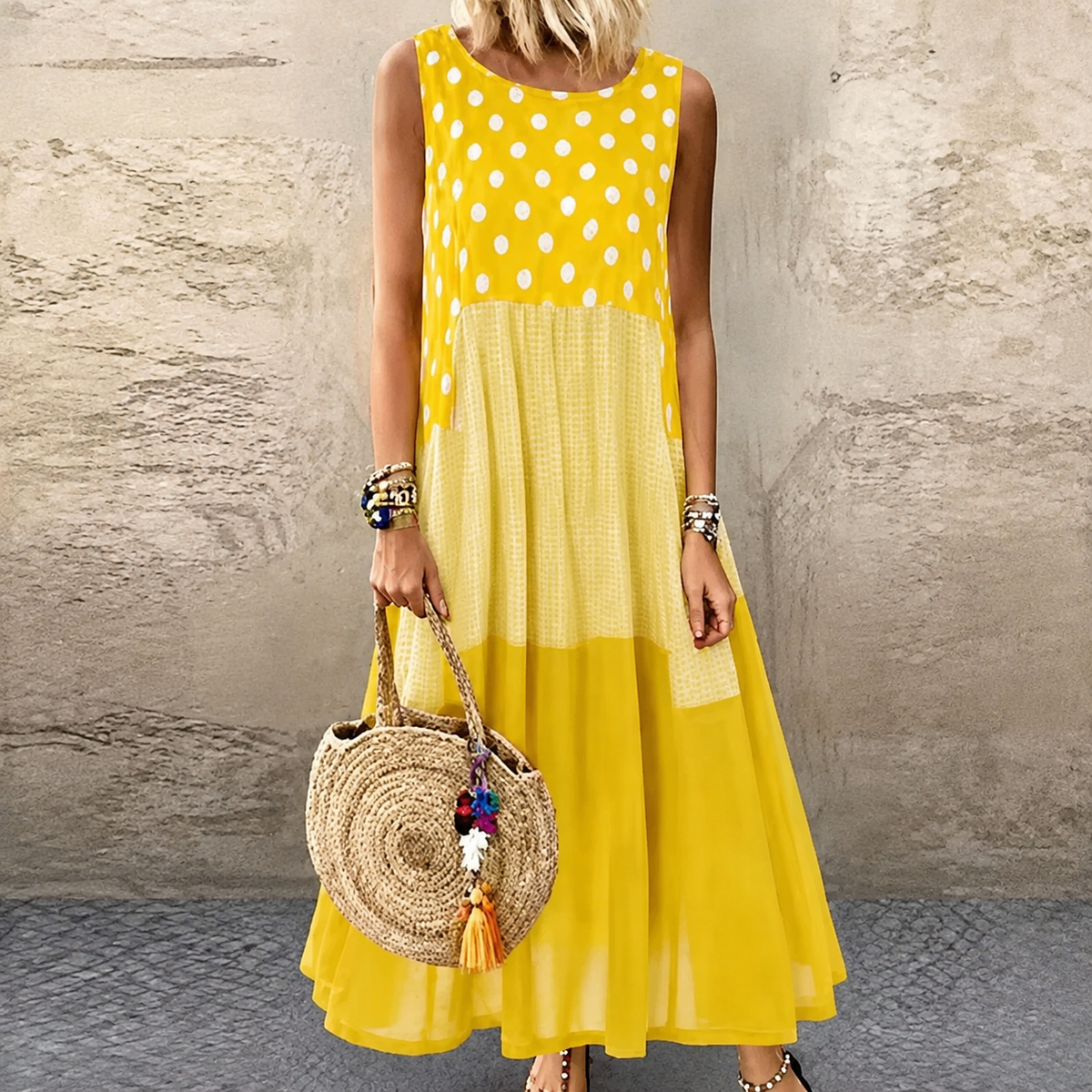Delza | Robe midi sans manches en patchwork avec différents motifs