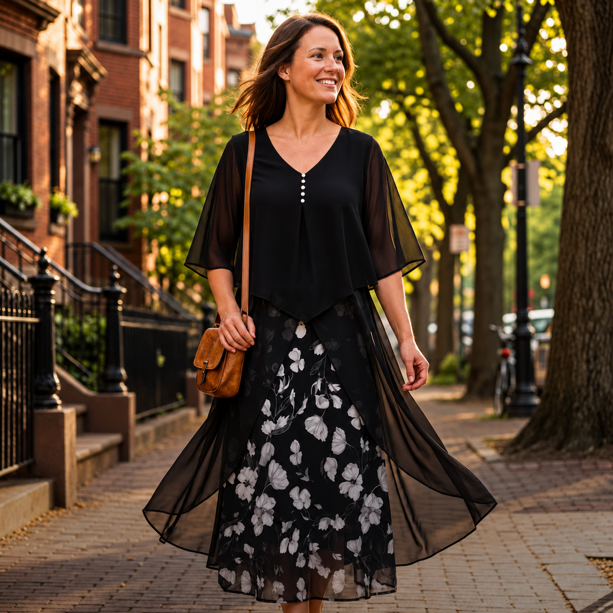 Maries | Robe midi en chiffon à superpositions avec jupe florale