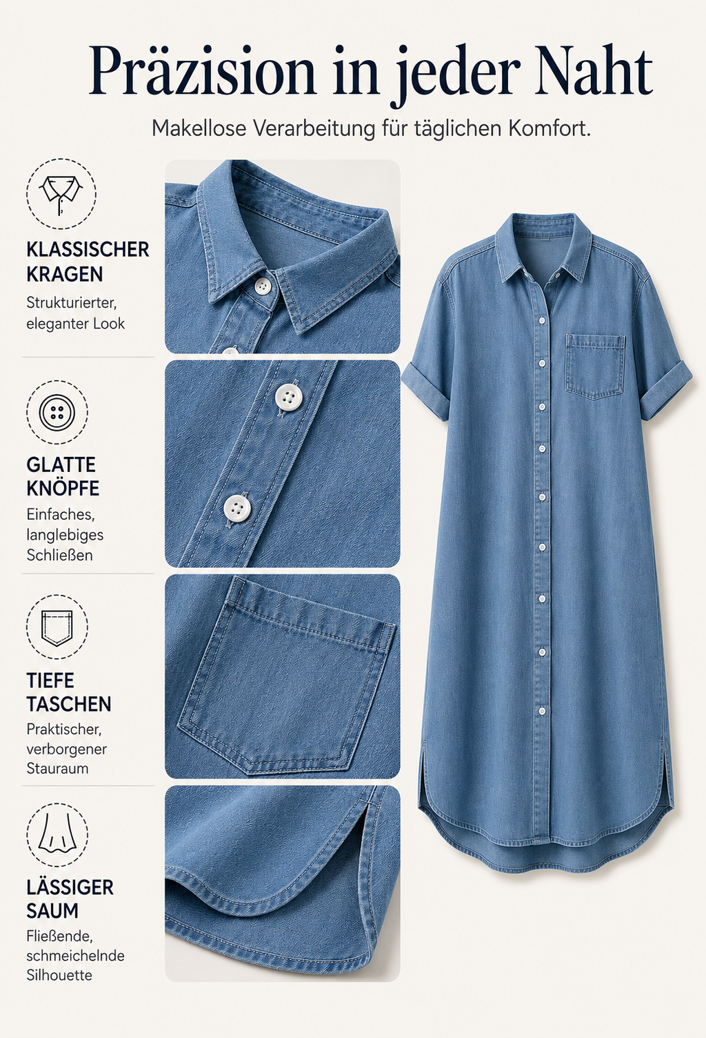 Elonii | Robe chemise en jean intemporelle avec boutonnière intégrale