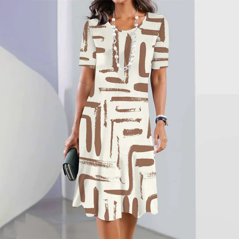 Robe trapèze femme à imprimé graphique et manches courtes