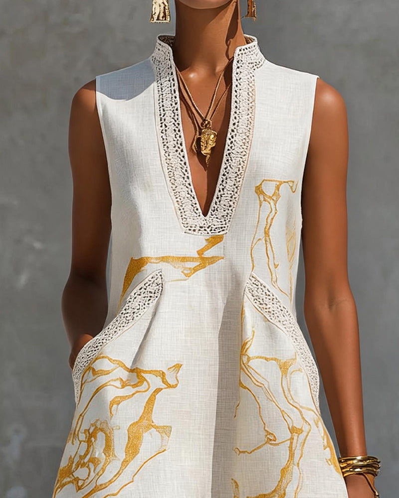 Robe Col Montant Col V Sans Manches Dentelle Patchwork