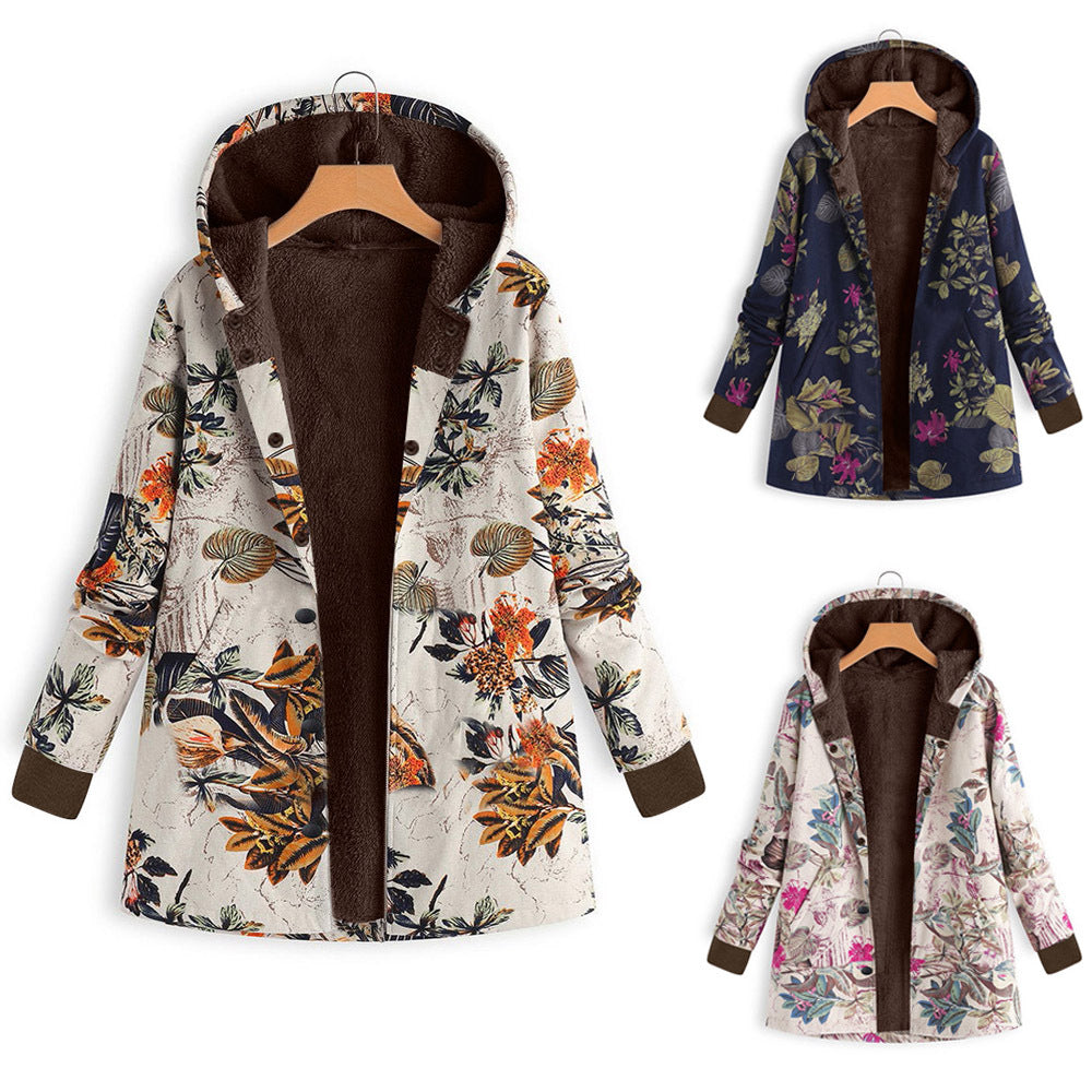 Veste à capuche pour femmes avec doublure en fausse fourrure, imprimé floral et poches Echo Archive
