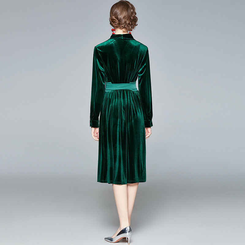 Robe midi en velours pour femmes avec col montant et ceinture à nouer Echo Archive