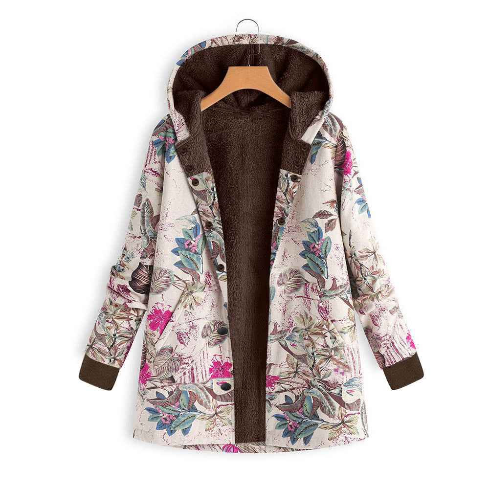 Veste à capuche pour femmes avec doublure en fausse fourrure, imprimé floral et poches Echo Archive