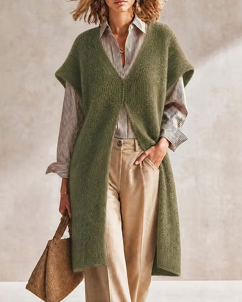 Robe Pull V-Cou Couleur Unie