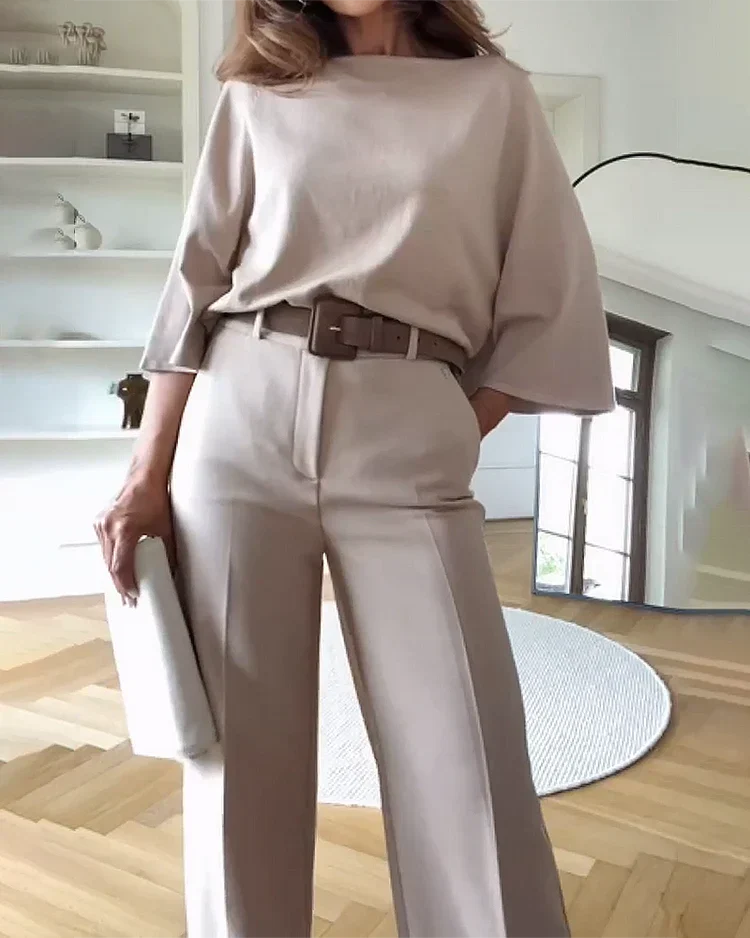 Ensemble Deux Pièces Femme avec Top et Pantalons Amples pour Bureau
