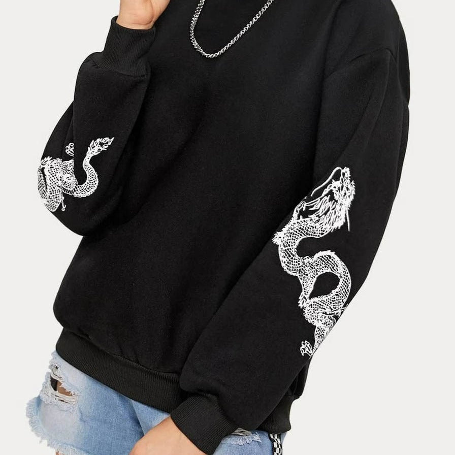 Sweatshirt Oversize Femme avec Imprimé de Dragon sur les Manches et Col Rond Echo Archive