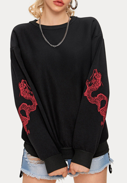 Sweatshirt Oversize Femme avec Imprimé de Dragon sur les Manches et Col Rond Echo Archive