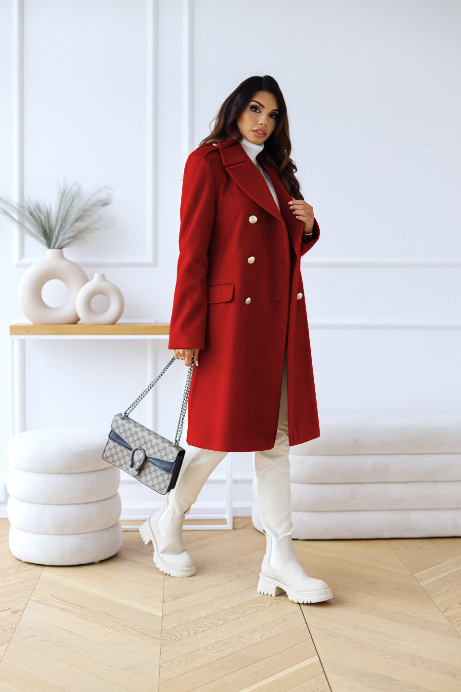 Manteau Femme à Double Boutonnage avec Boutons Dorés