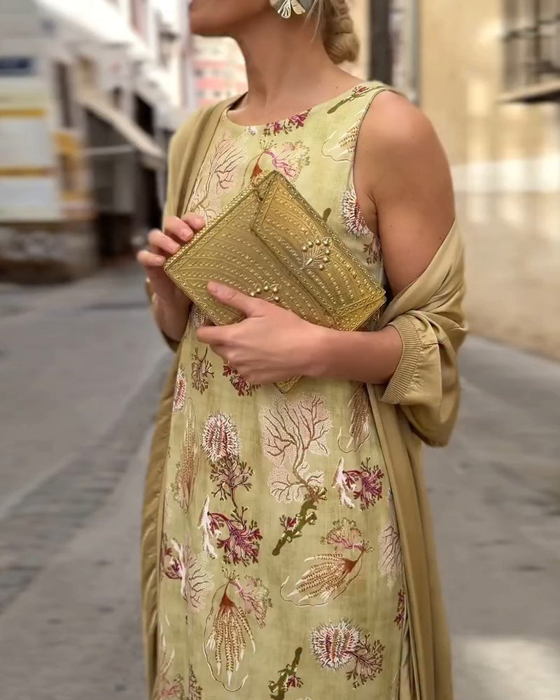 Robe Maxi Sans Manches + Ensemble Cardigan Assorti