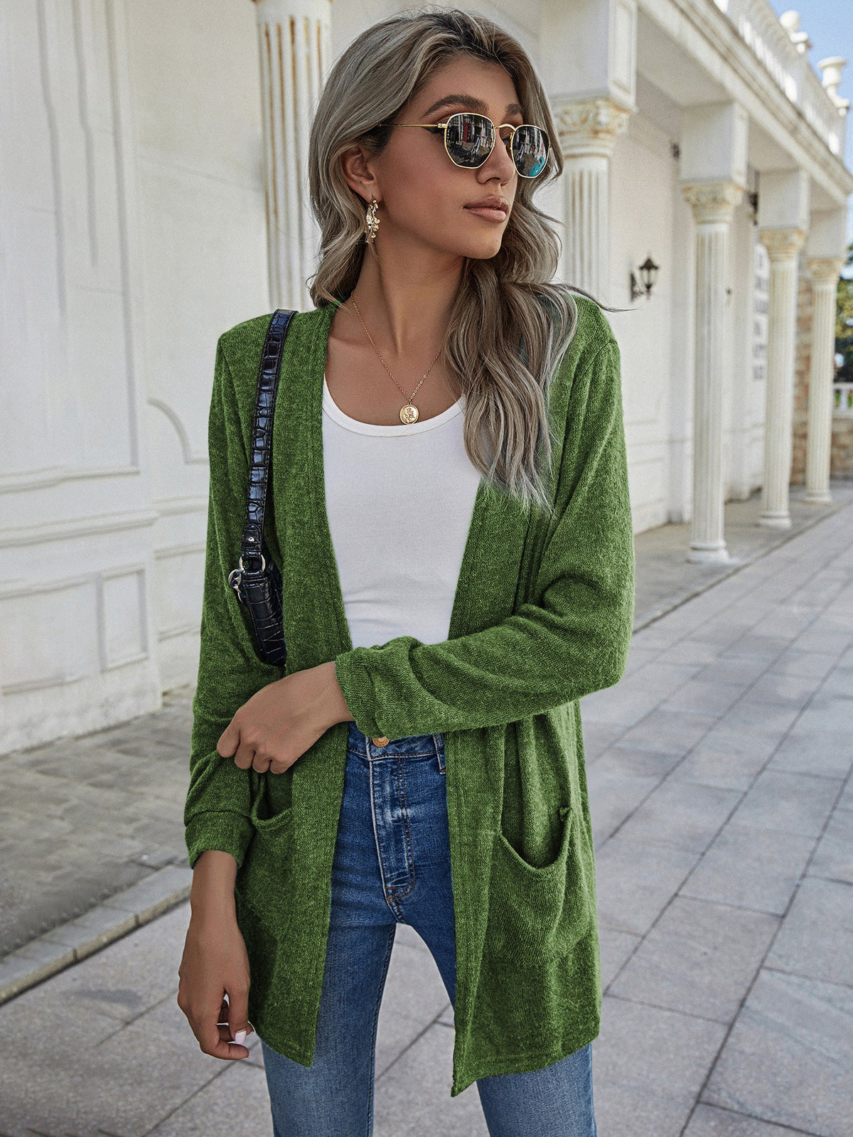 Cardigan long ouvert pour femmes avec poches plaquées et tombé décontracté Echo Archive
