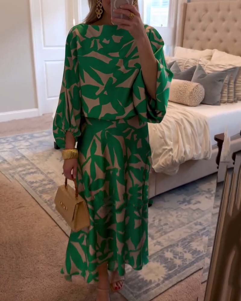 Ensemble de Robe Décontractée à Manches Lanternes Imprimées