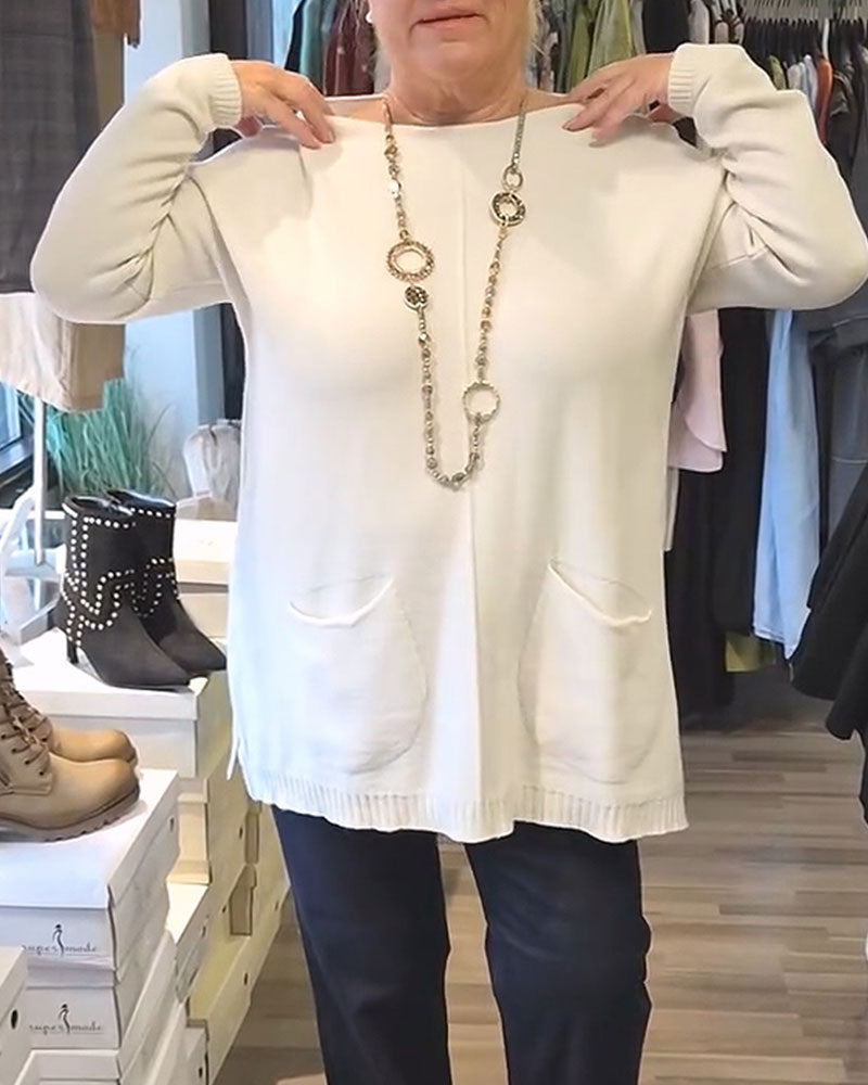 Pull à col rond, couleur unie, avec poche, ample