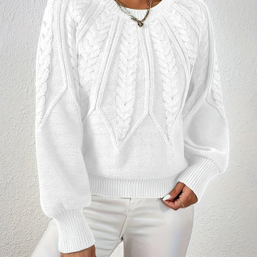 Pull en Tricot à Câbles pour Femme avec Col Rond et Manches Raglan