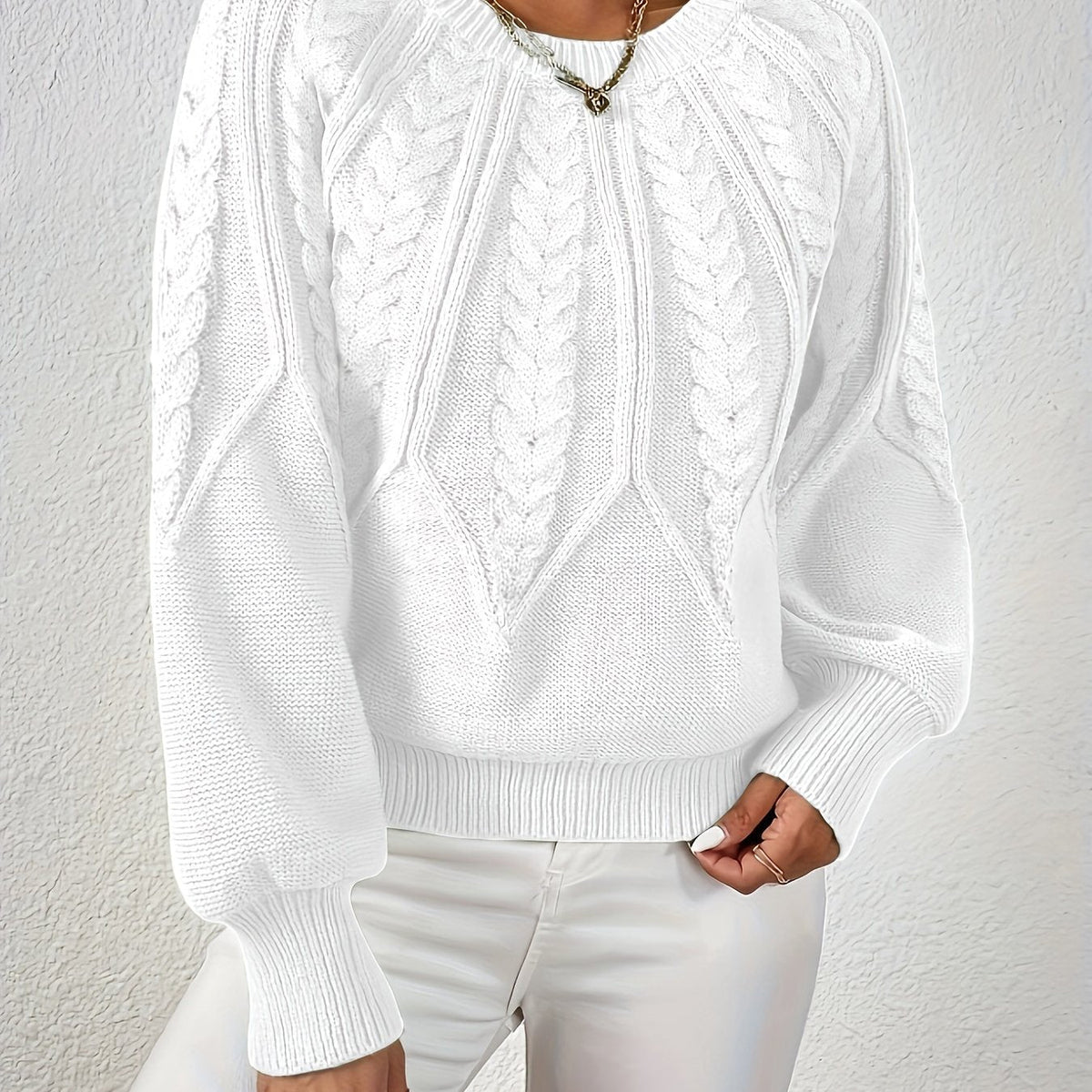 Pull en Tricot à Câbles pour Femme avec Col Rond et Manches Raglan