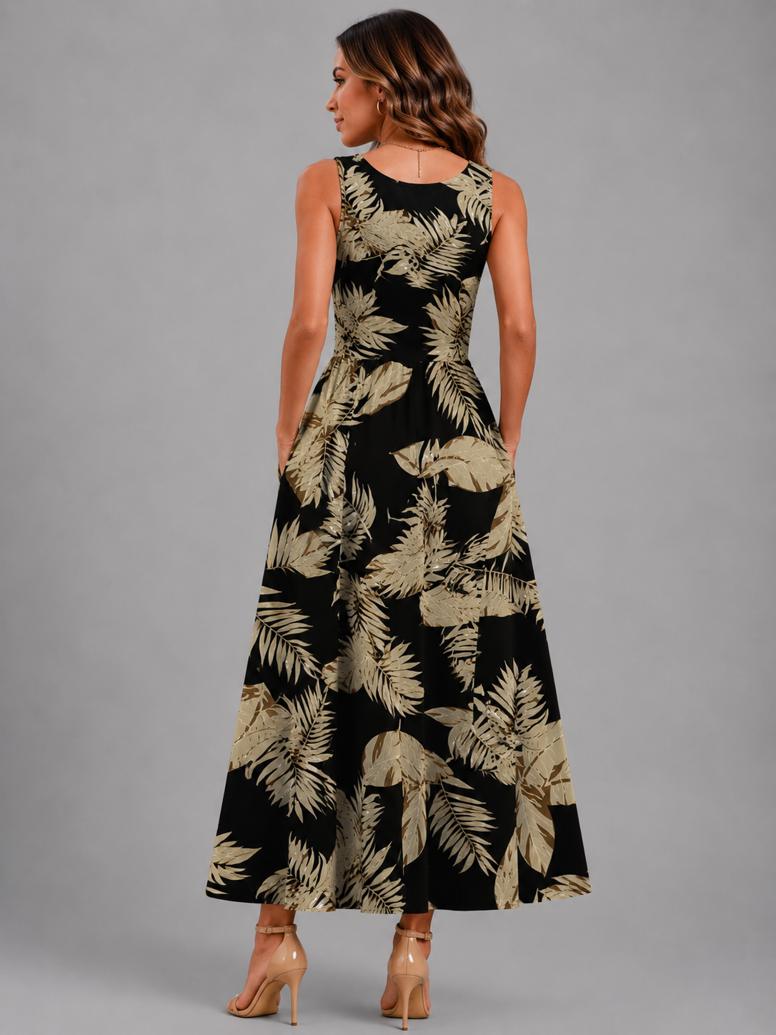 Franica | Robe maxi boho avec motif de feuilles tropicales