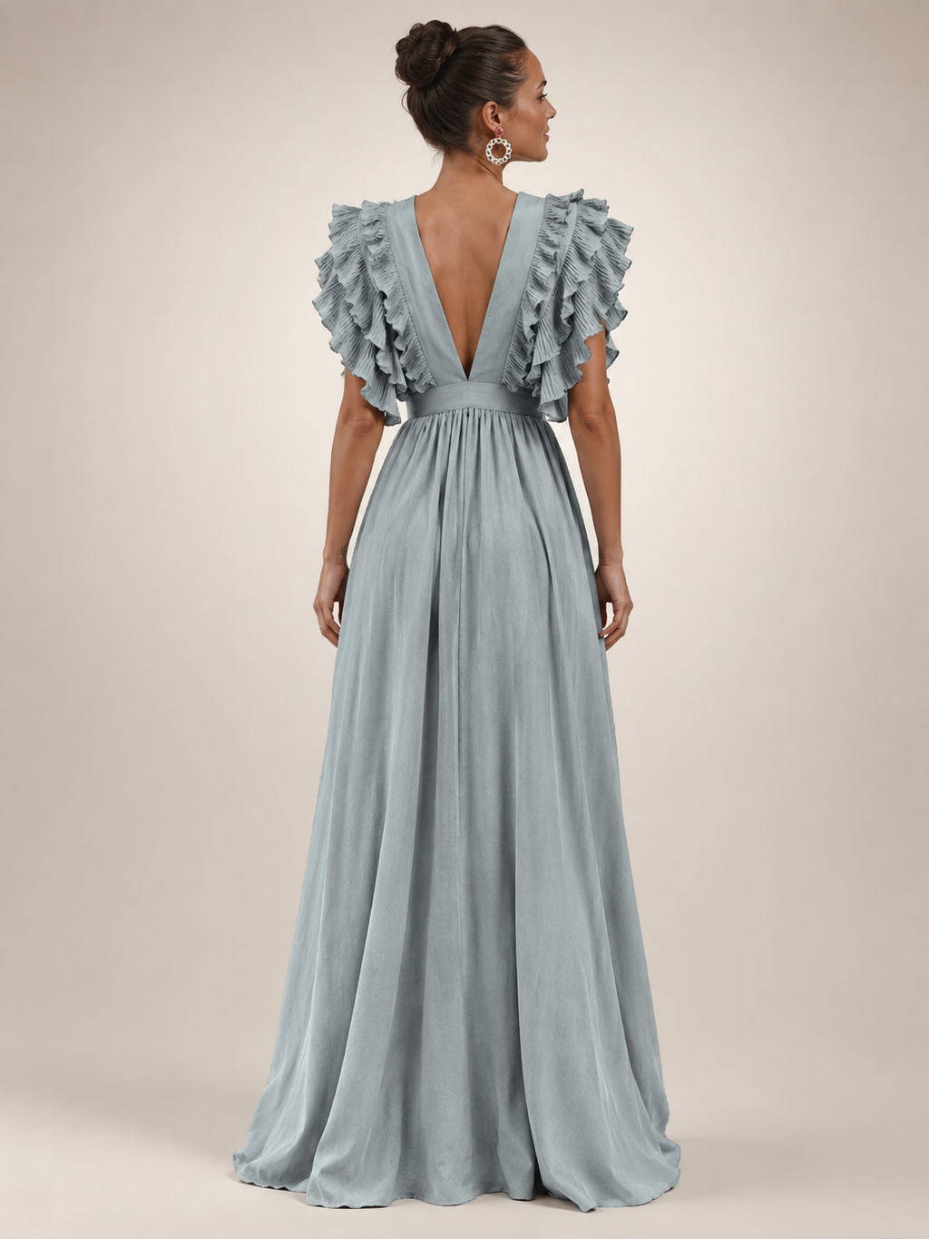Angelina | Robe maxi dos nu avec manches volantées