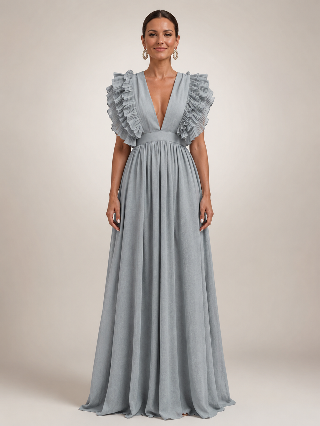 Angelina | Robe maxi dos nu avec manches volantées