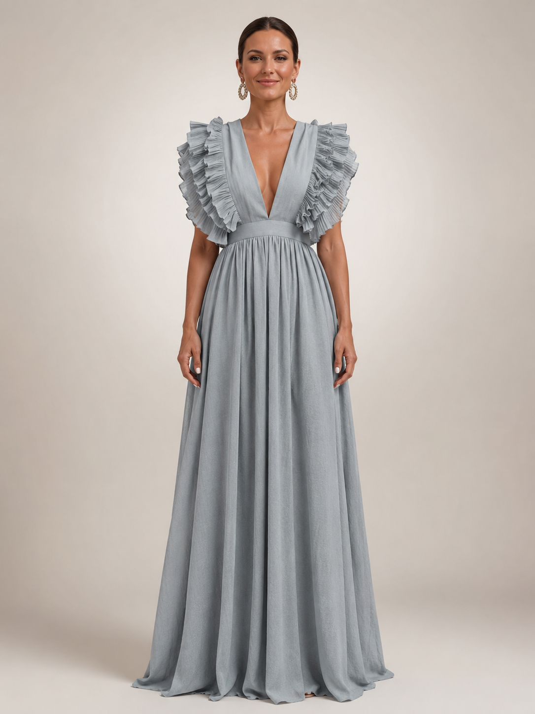 Angelina | Robe maxi dos nu avec manches volantées