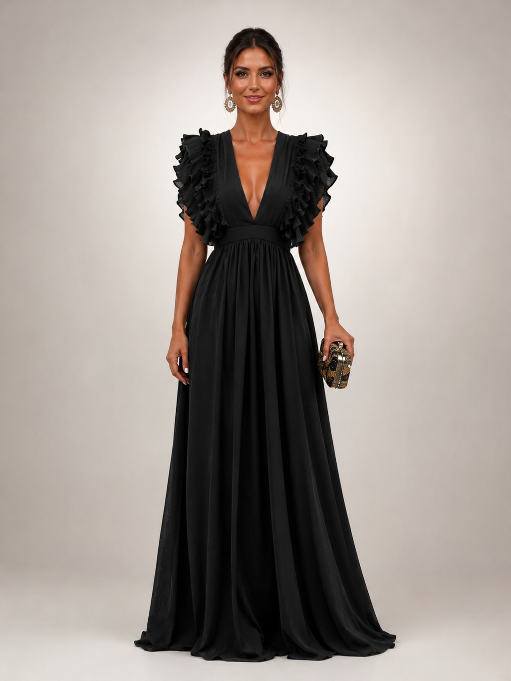 Angelina | Robe maxi dos nu avec manches volantées