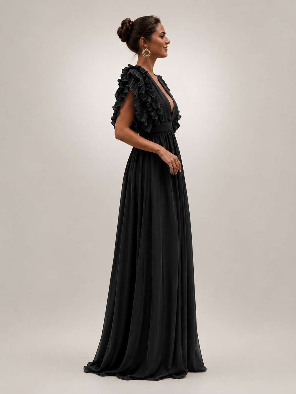Angelina | Robe maxi dos nu avec manches volantées