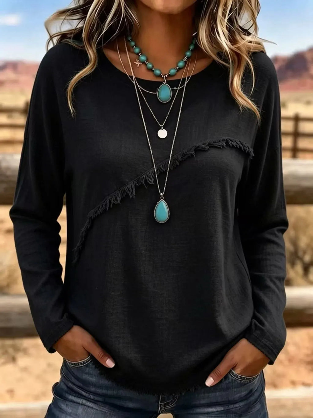 Blouse femme bohème à franges et col rond