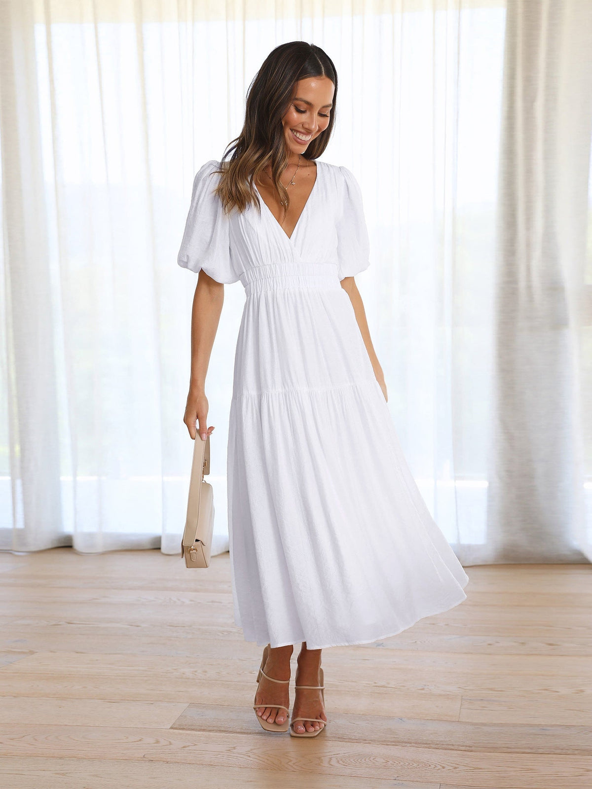 Robe Cocktail Midi Femme | Col V Froncé