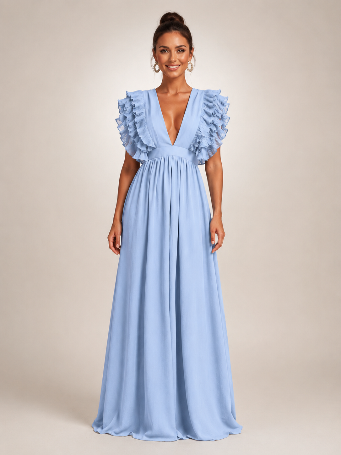 Angelina | Robe maxi dos nu avec manches volantées