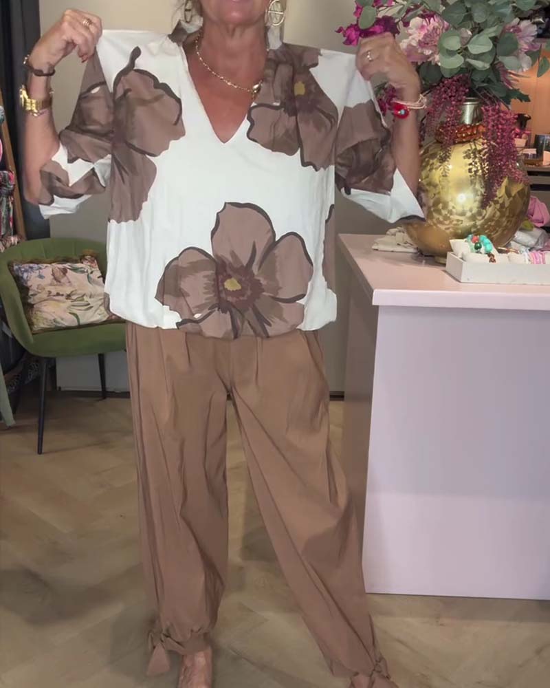 Blouse Col En V Fleuri Manches Mi-Longues Décontractée