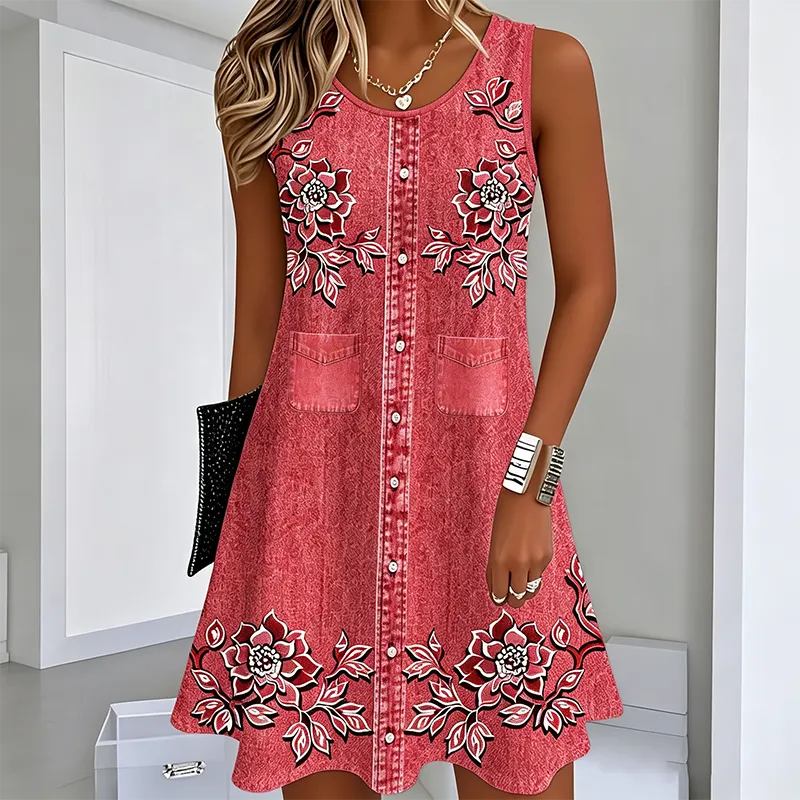 Robe femme sans manches florale avec boutons devant