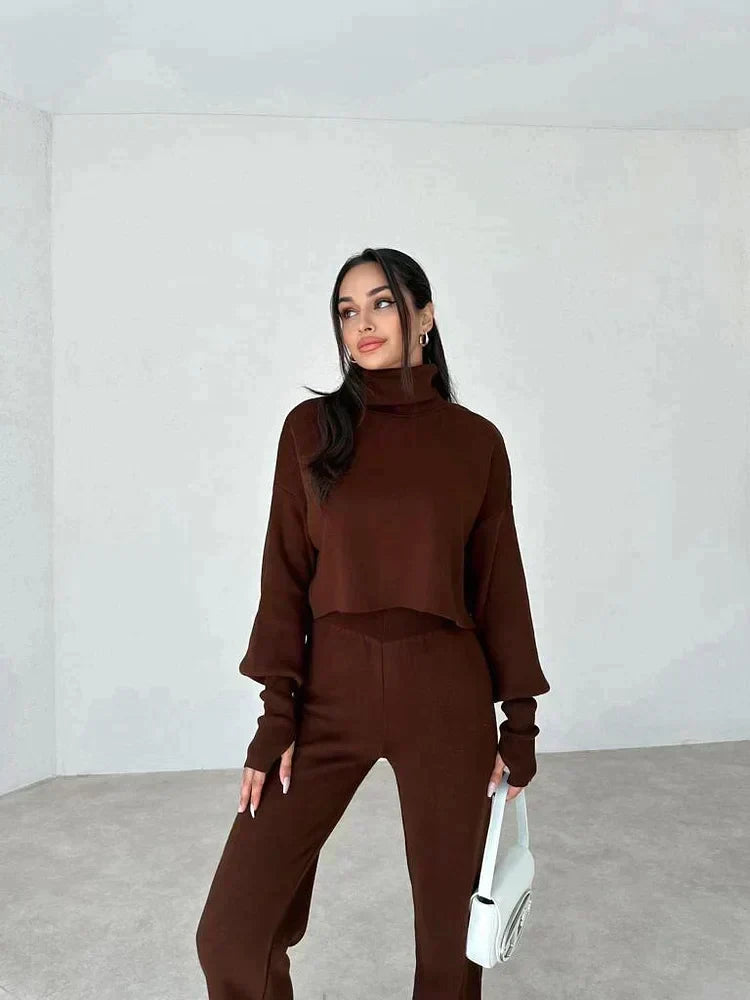 Ensemble Femme Deux Pièces Pull Col Montant Oversize Pantalon Droit