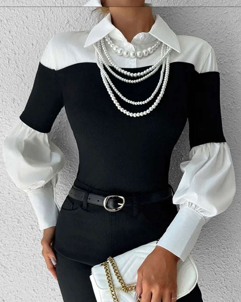Haut Bloc de Couleur Off-Shoulder Manche Lanterne Patchwork