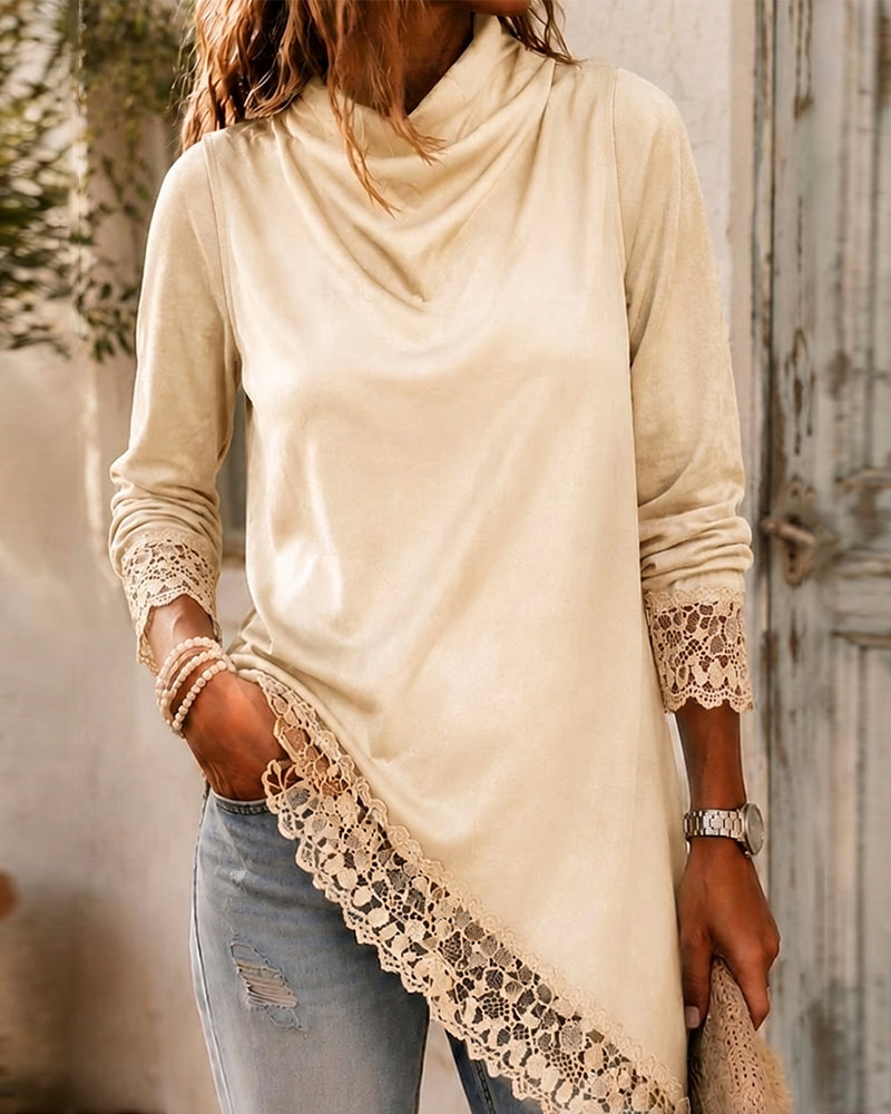 Haut Col Mock Dentelle Patchwork Irrégulier