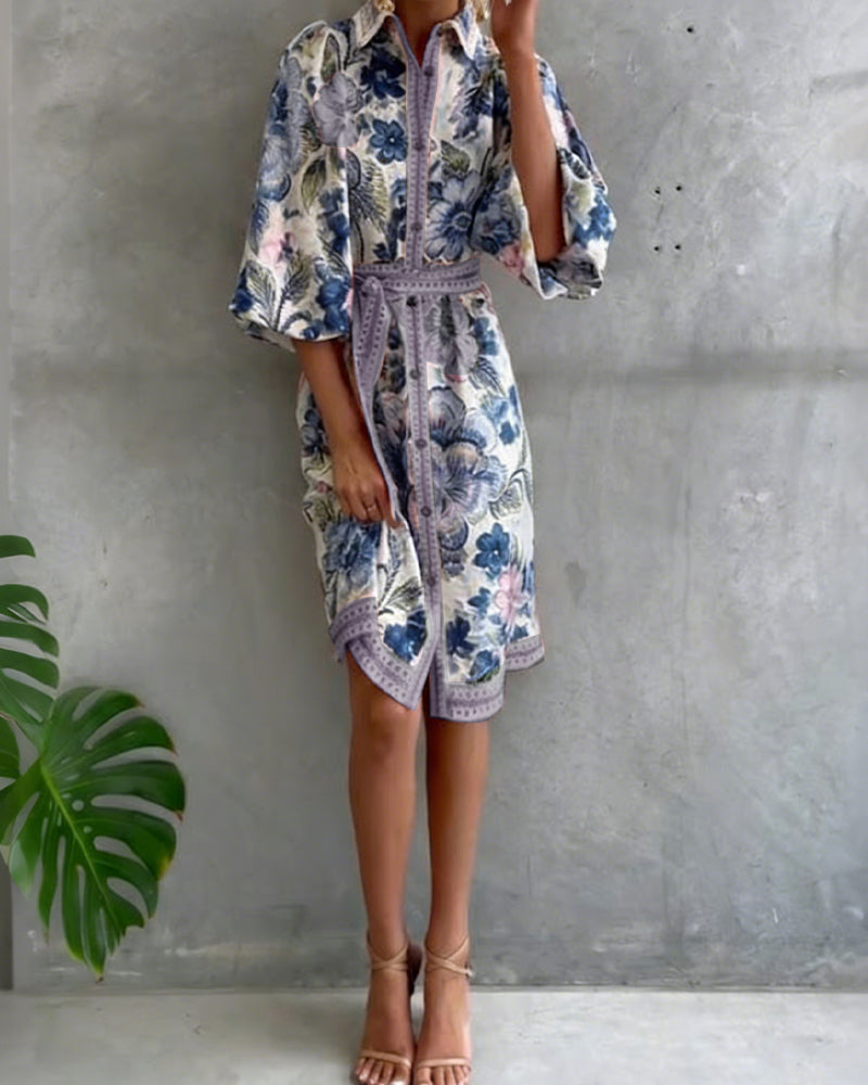 Robe imprimée à col notch et manches en lanterne