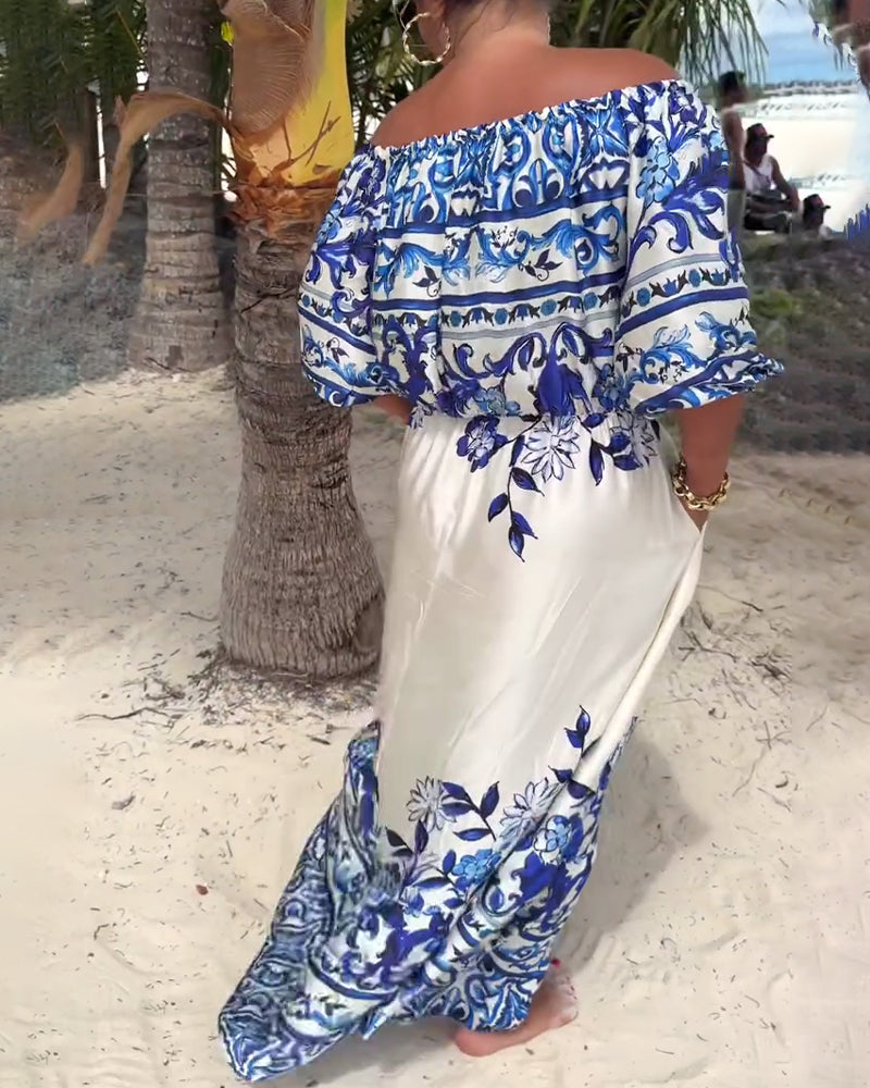 Robe de Resort Imprimée à Épaules Dénudées