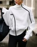 Sweatshirt Col Mock Fermeture Éclair Épaule Tombante Décontracté